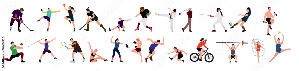 Sports, set of athletes of various sports disciplines. Run, soccer, hockey, volleyball, basketball, rugby, baseball, american football, cycling, golf