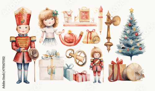 Watercolor Christmas illustration вЂ“ Nutcracker: Ballerina, soldier, rocking horse, Christmas tree, gifts, mouse king, Christmas toys, retro toys, star, musical trumpet, drum.