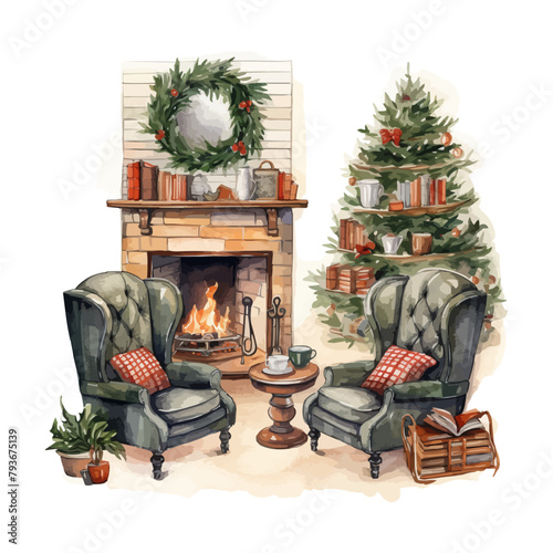 Watercolor Cozy Christmas sitting room clipart for graphic resources