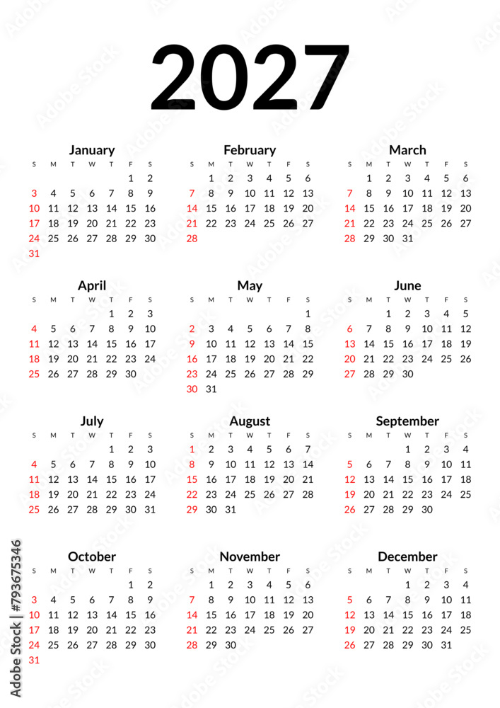 2027 Calendar year vector illustration. The week starts on Sunday. Annual calendar 2027 template. Calendar design in black and white colors, Sunday in red colors. Vector, made with Inkscape 2027 Calendar year vector illustration. The week starts on Sunday. Annual calendar 2027 template. Calendar design in black and white colors, Sunday in red colors. Vector, made with Inkscape