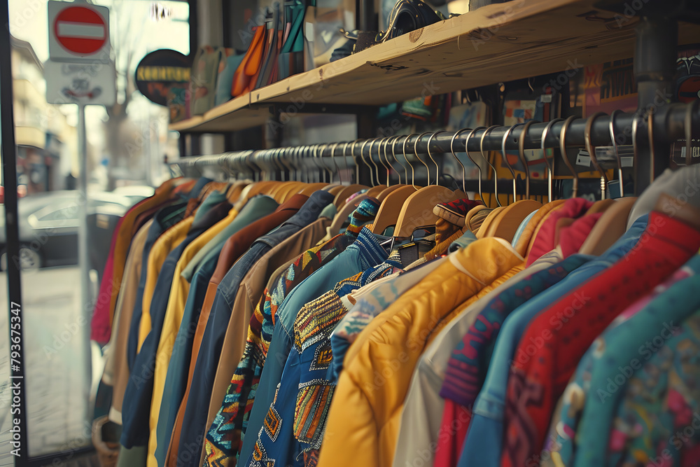Fototapeta premium Vintage clothing hanging in a thrift store, second-hand clothing 