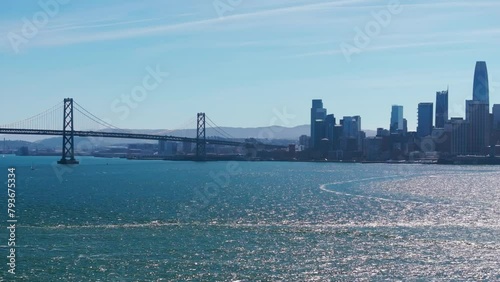 Drone shot of where the Oakland Bridge meetings San Francisco, California
