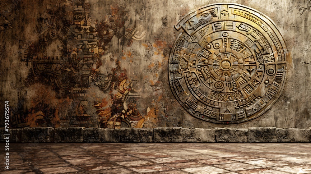 Naklejka premium Native American-inspired background with ancient Mesoamerican calendar on aged wall, with blank space texture.