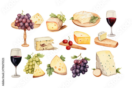 Watercolor illustration set clipart of cheeses for wine, design, print, vector
