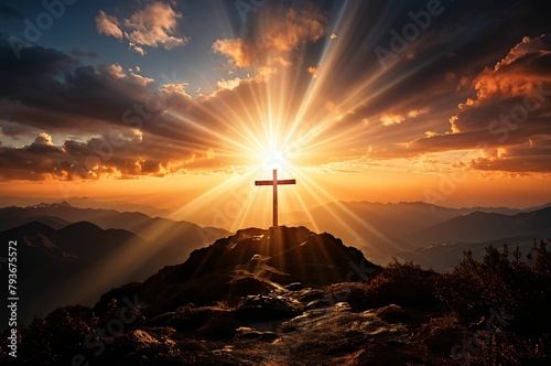 Divine Serenity: Jesus Cross in Sunrise on a Hill