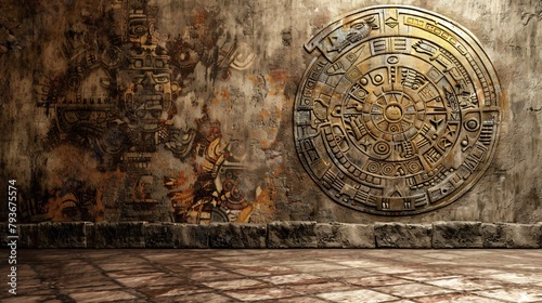 Native American-inspired background with ancient Mesoamerican calendar on aged wall, with blank space texture.