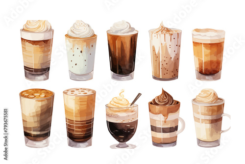Watercolor illustration sketch coffee cup glass foam aroma grain clipart set