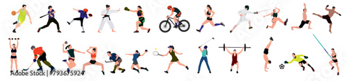 Sports, set of athletes of various sports disciplines. Run, soccer, hockey, volleyball, basketball, rugby, baseball, american football, cycling, golf