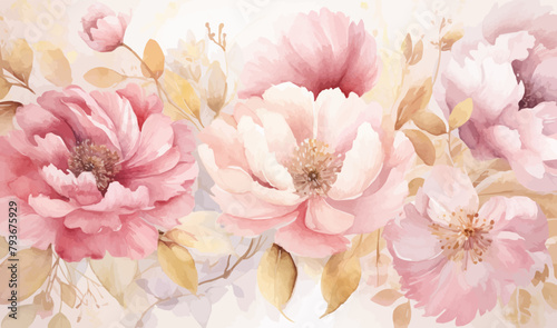 Watercolor pink gold flower abstract mural, peonies, tulips, rose, large delicate voluminous flowers, background, wallpaper,