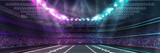 3D render of open air American football empty stadium with neon illumination and blurred tribunes with fans and starry sky. Evening game. Concept of professional sport, event, tournament, championship