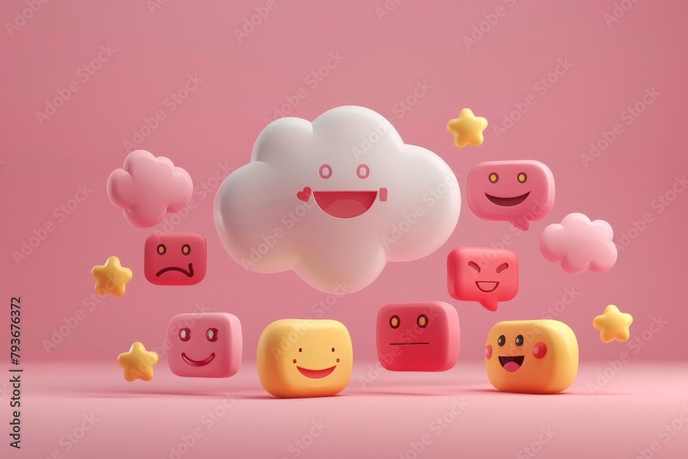 Obraz premium Cheerful cartoons in pink sky - clouds and stars with emotions
