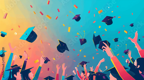 Joyous graduates tossing caps, colorful, celebration of graduation, with copy space