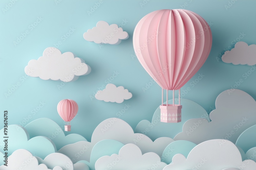Dreamy 3d hot air balloons and clouds on blue sky Dreamy 3d hot air balloons and clouds on blue sky