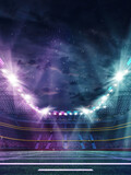 3D render of American football stadium, open air arena with blurred tribune with fans and night sky above. Neon illumination. Concept of professional sport, event, tournament, game, championship