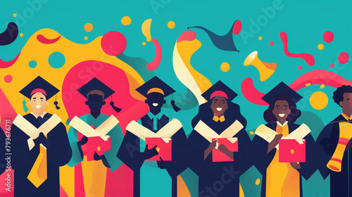 Diverse graduates celebrating, colorful illustration, education success theme