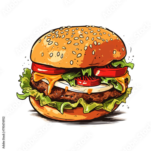 Hand drawn vector bread burger illustration with meatloaf tomato vegetarian dish, white background, delicious food for lunch and dinner, fast food