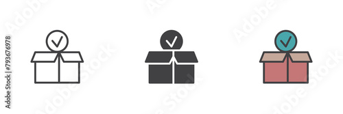 Cardboard box with check mark different style icon set