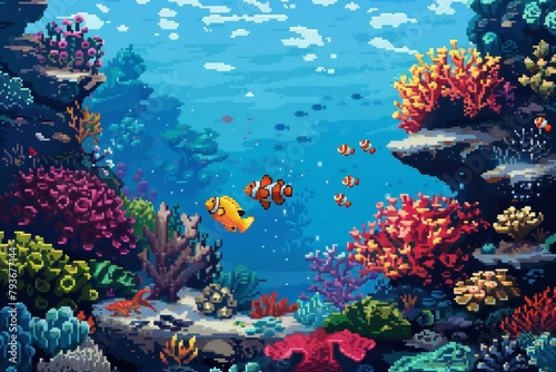 A pixel art underwater world with pixelated coral reefs and colorful fish