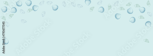 Blue Seashell Background Gray Vector. Oyster Sketch Wallpaper. Cartoon Illustration. Navy Shellfish Cute Pattern.