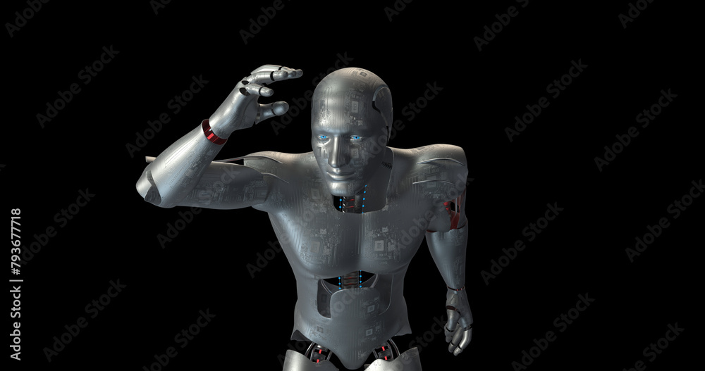 Curious AI Bionic Robot Looking Around. Alpha Channel. Technology Related 3D Render.