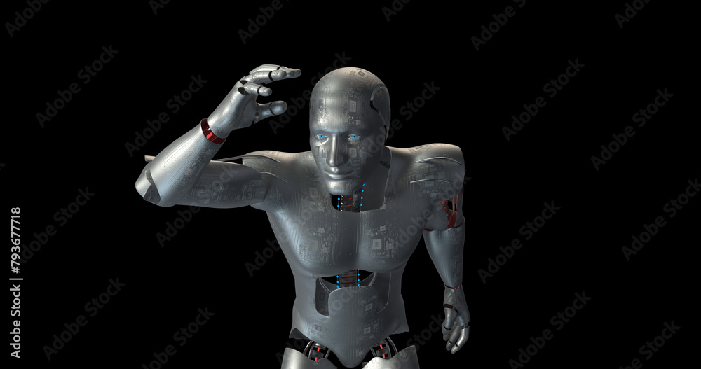 Curious AI Bionic Robot Looking Around. Alpha Channel. Technology Related 3D Render. Curious AI Bionic Robot Looking Around. Alpha Channel. Technology Related 3D Render.