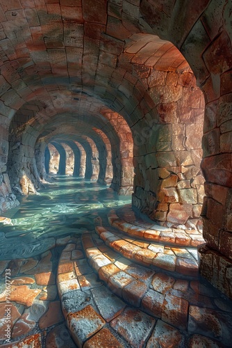 Ancient brick archway tunnel with reflective water photo