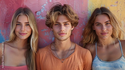 A man and two attractive females against a colorful backdrop, representing the idea of polyamory. photo