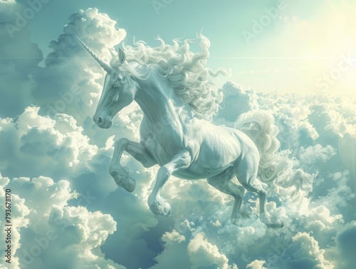 Majestic unicorn galloping in cloudscape photo