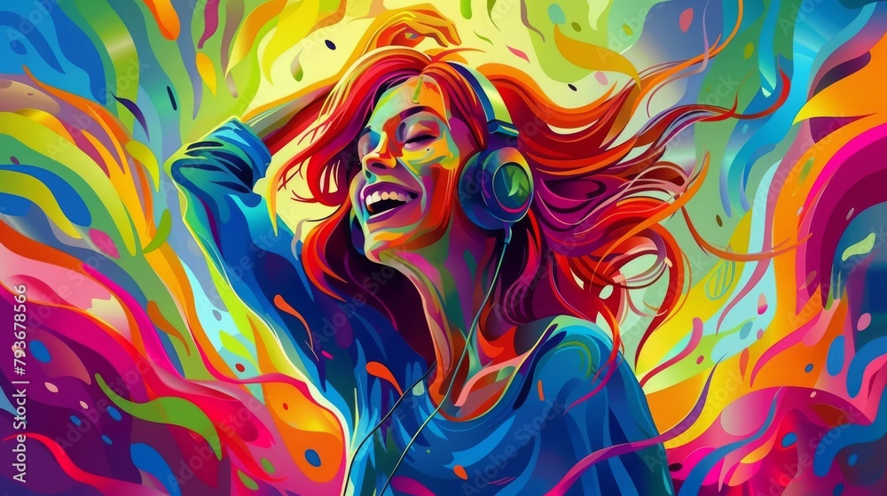 Portrait of beautiful young woman listening to music with headphones. Vector illustration, girl with headphones in a colorful vivid background, An illustration of