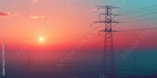 Electricity is transmitted through power lines and pylons, forming a concept of energy infrastructure, seen from an aerial view on a winter evening.