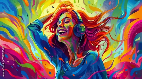 Portrait of beautiful young woman listening to music with headphones. Vector illustration  girl with headphones in a colorful vivid background  An illustration of