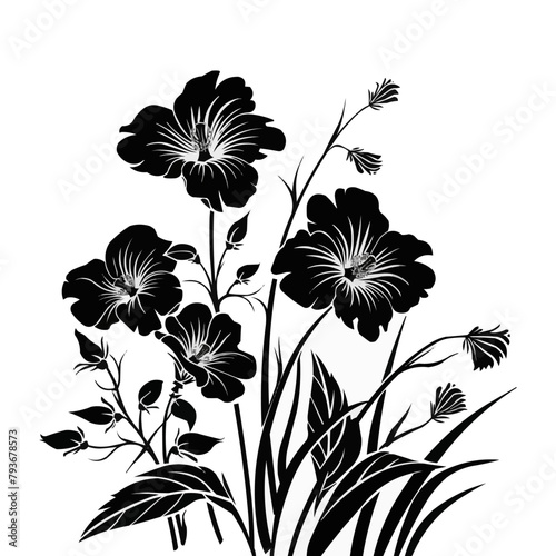 Vector black silhouettes of flowers isolated background.
