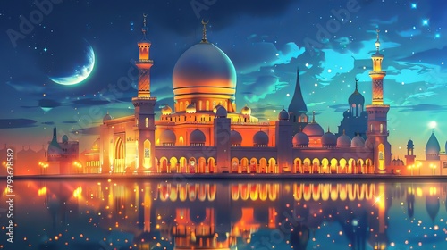 Contemporary artwork celebrating the blessings of Ramadan with a vibrant illustration of a mosque illuminated with lights
