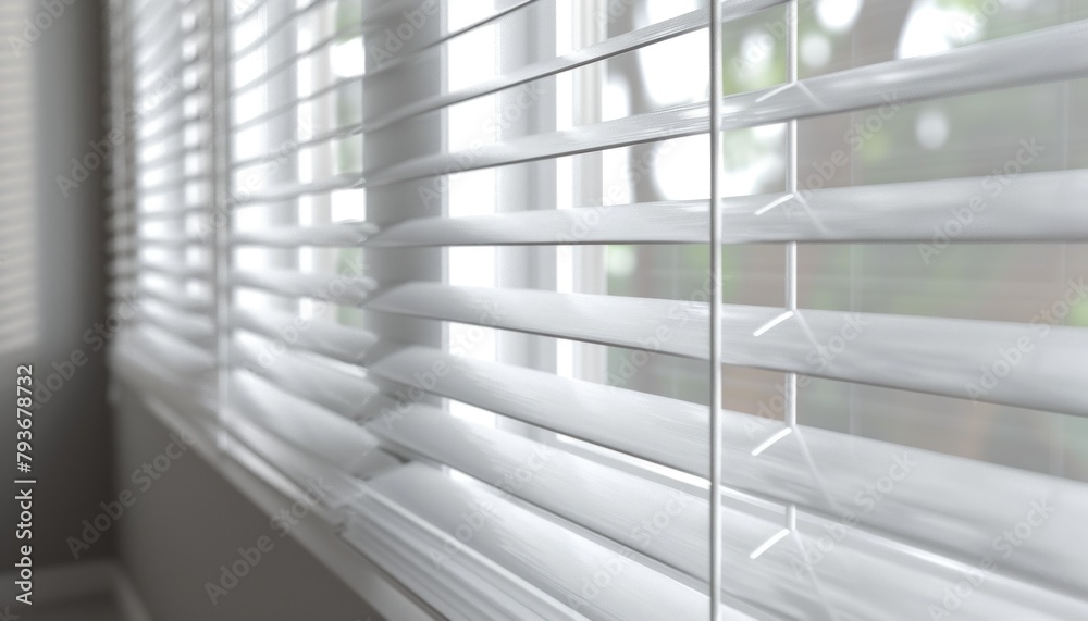 Closeup of a wooden window with white blinds on a building Closeup of a wooden window with white blinds on a building