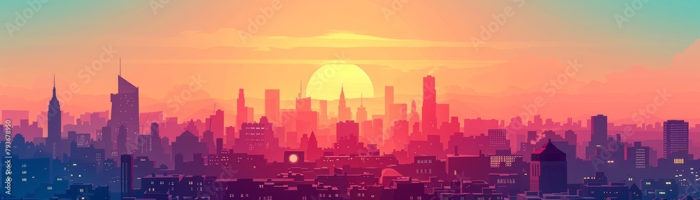 Stylized Illustration of a City Skyline at Sunrise with Warm Color Gradient