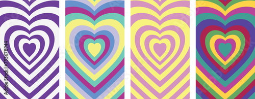 Set Of Cool Heart Geometric Abstract Backgrounds. Lovely Vibes Posters Design. Trendy Y2K Illustration.