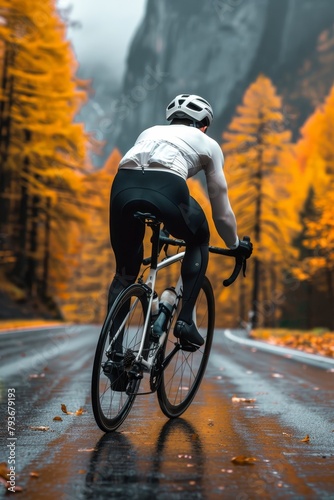 Cyclist exploring mountainous terrain on bicycle adventure travel and bicycle tourism concept