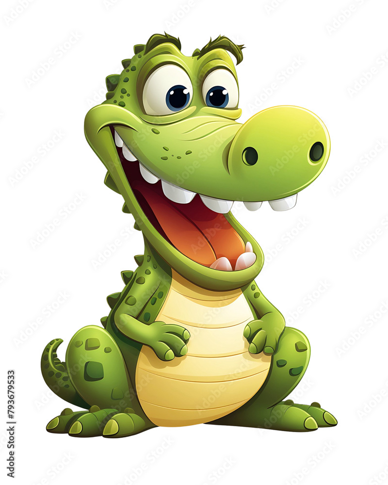 Fototapeta premium A vibrant cartoon crocodile sitting with a broad smile, showing teeth. Generative AI