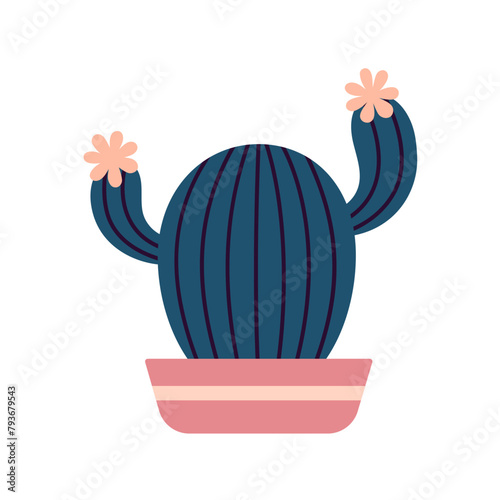 Colorful blooming cacti, succulent in pot. Cute hand drawn sketch of cactus. Doodle style, flat design. Scandinavian, boho style. Vector illustration. Exotic and Tropical Plant, home decor