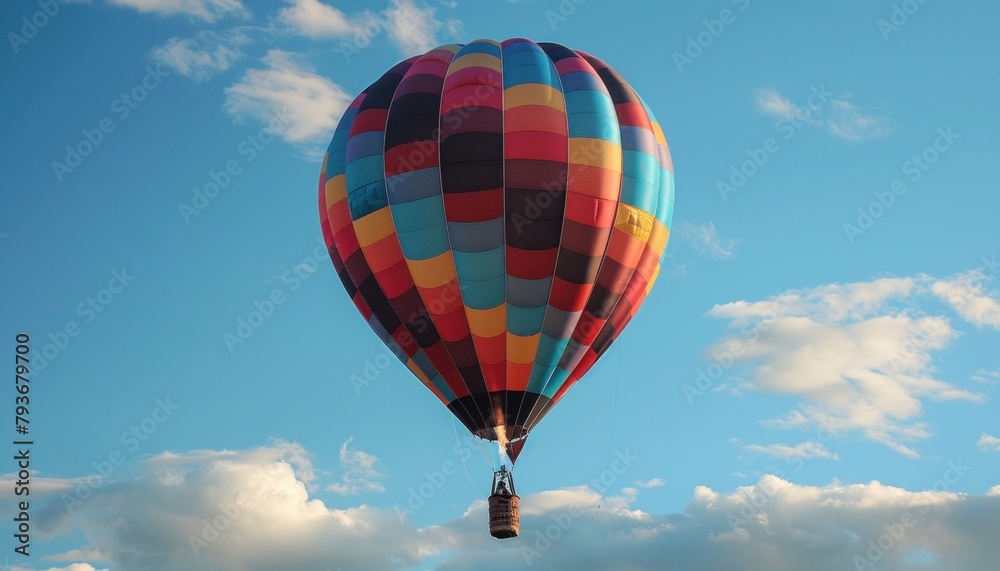Obraz premium Colorful hot air balloon floats in blue sky with clouds