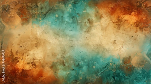 textured abstract background with a gradient of teal and amber hues, resembling a watercolor sky or a patina surface, ideal for creative designs.