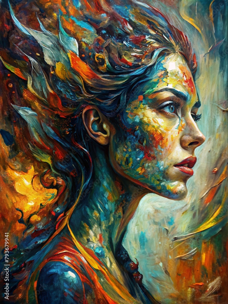 abstract oil painting of a woman side facing