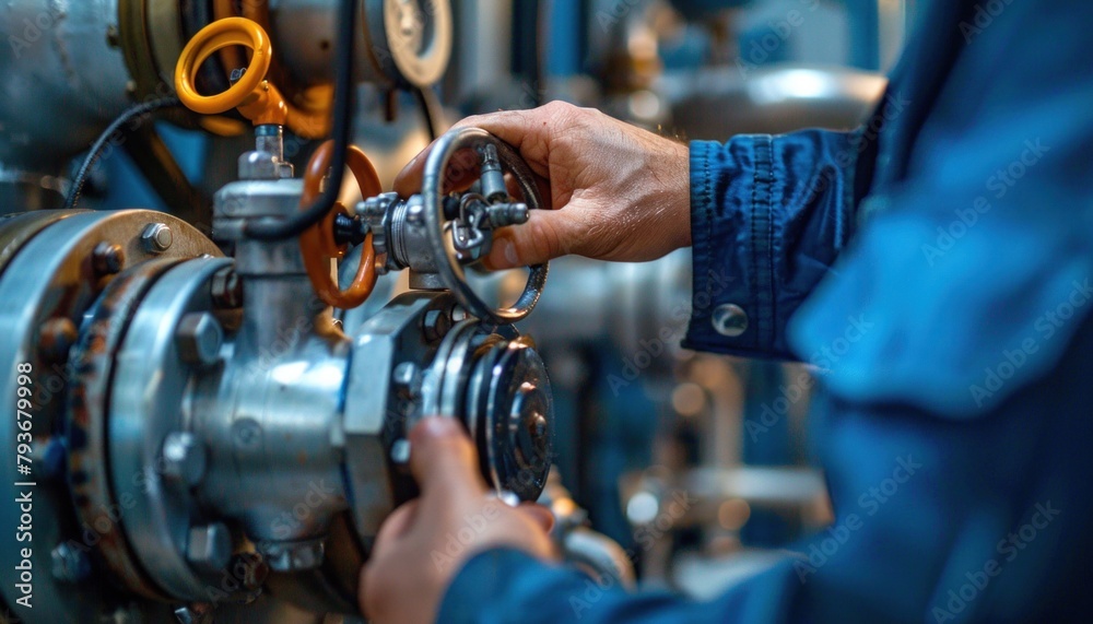 Engineering man working on valve in factory with metal machine sharing event Engineering man working on valve in factory with metal machine sharing event