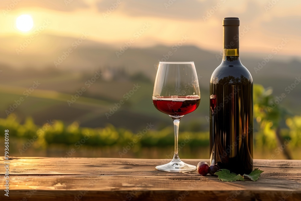Elegant still life of red wine with sunset vineyard backdrop, glass and bottle on wooden table