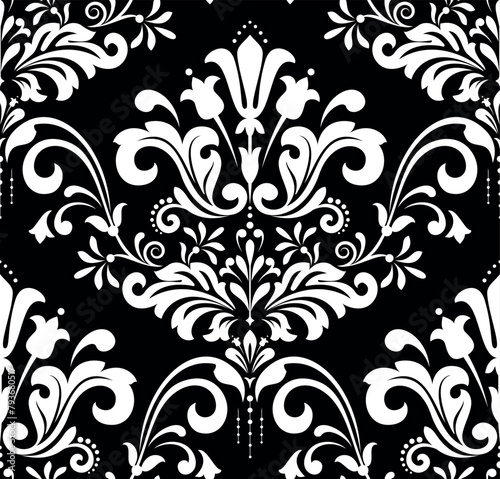 Wallpaper in the style of Baroque. Seamless vector background. White and black floral ornament. Graphic pattern for fabric, wallpaper, packaging. Ornate Damask flower ornament.