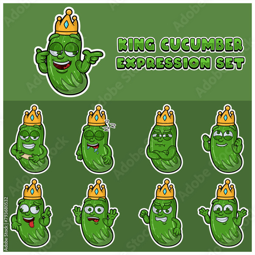 Cartoon Mascot Of Cucumber Fuit Character with king and expression set.