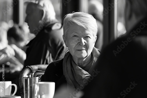 Portrait of a senior woman in a cafe. Black and white.