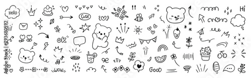 Set of cute pen line doodle element vector. Hand drawn doodle style collection of heart, arrows, scribble, flower, bear, speech bubble. Design for print, cartoon, clipart decoration, sticker.