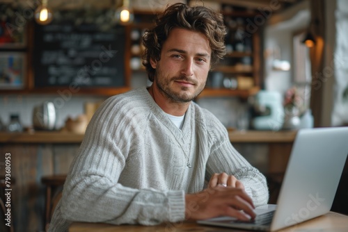 Smiling businessman, impeccably dressed in white sleek shirt, as he sits at a desk and works on a laptop against a blurred office backdrop. © Surachetsh