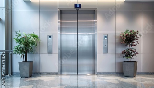 Two potted plants stand in front of an empty elevator in a building